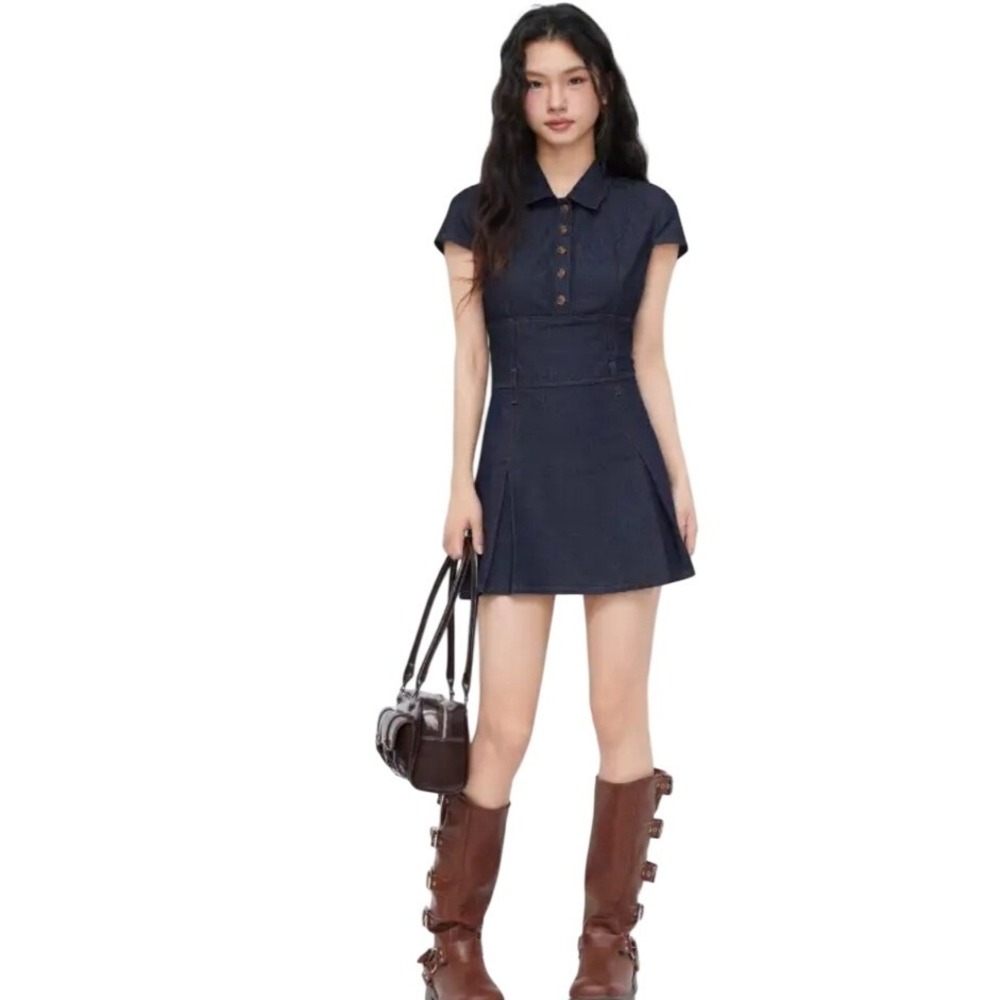 Cider Dark Wash Denim Mini Dress Collared Button Front Cap Sleeve Pleated S NWT
